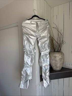 Metallic Silver Cargo-Style Pants
